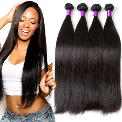Human Hair Straight Brazilians, featuring long silky strands and a model showcasing elegant hair extensions.